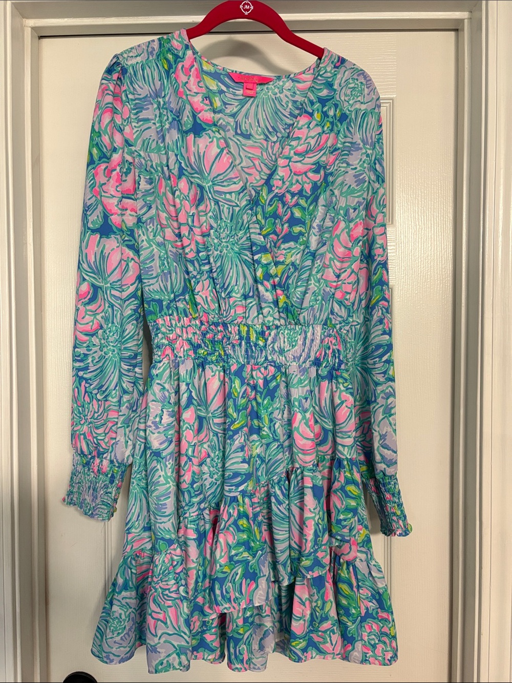 Lilly Pulitzer Pink, Aqua & Green Floral Smocked-Waist Long Sleeve Dress